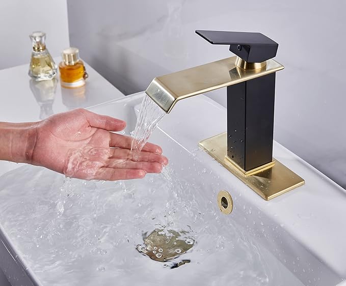 Waterfall Faucet Bathroom Brushed Golden Black Basin Vanity Sink Faucets Single Handle 1 Hole with Deck Plate Pop Up Drain Stopper Overflow Modern