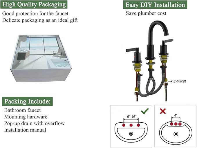 Matte Black 2 Handle 8 Inch Widespread Bathroom Sink Faucet with Pop-Up Drain, High Arc Modern Bathroom Vanity Lavatory Faucet 3 Holes with Brass 360° Swivel Spout, TAF830C-MB