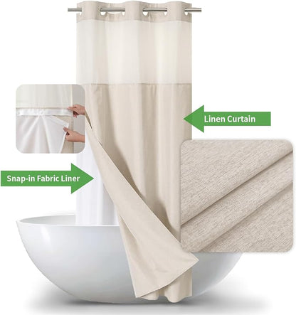 eachope No Hook Linen Texture Shower Curtain with Snap-in Liner,36x74 Cream | 230GSM Thick Fabric,Hotel Luxury Decor,Mesh Top Window,Waterproof & Machine Washable,for Shower Stall or Bathroom