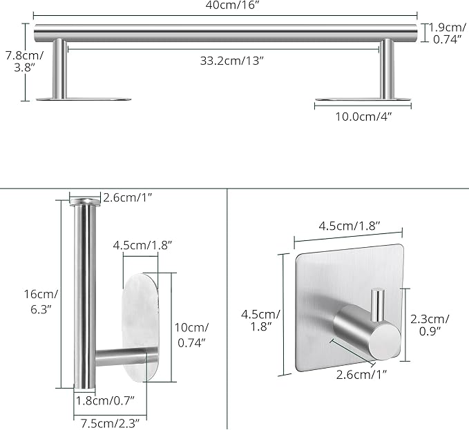 Self Adhesive Towel Bar, JiGiU Bathroom Hardware Set Include 16-Inch Bath Towel Bar,Toilet Paper Holder & 3 Packs Towel Hooks SUS304 Stainless Steel Wall Mount No Drill Sticky on Towel Holder Kit | With 16" Bath Towel Bar,Toilet Paper Holder & 3PCs Tow...