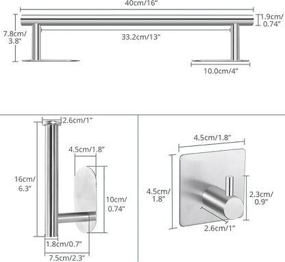 Self Adhesive Towel Bar, JiGiU Bathroom Hardware Set Include 16-Inch Bath Towel Bar,Toilet Paper Holder & 3 Packs Towel Hooks SUS304 Stainless Steel Wall Mount No Drill Sticky on Towel Holder Kit | With 16" Bath Towel Bar,Toilet Paper Holder & 3PCs Tow...