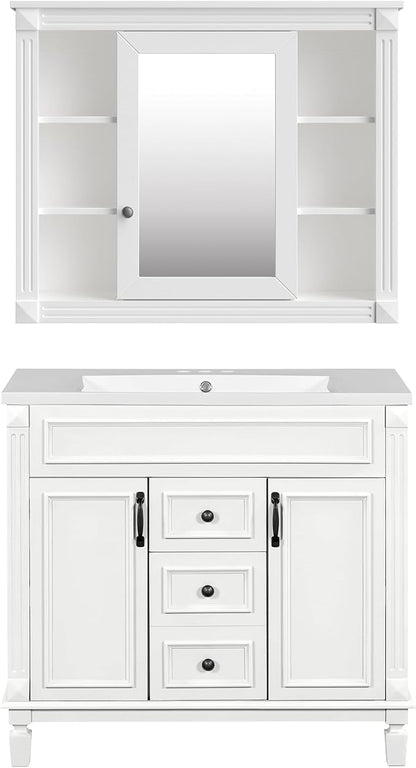 36" Bathroom Vanity with Top Sink, Mirror Cabinet, Modern Bathroom Storage Cabinet with 2 Soft Closing Doors and 2 Drawers, Single Sink Bathroom Vanity