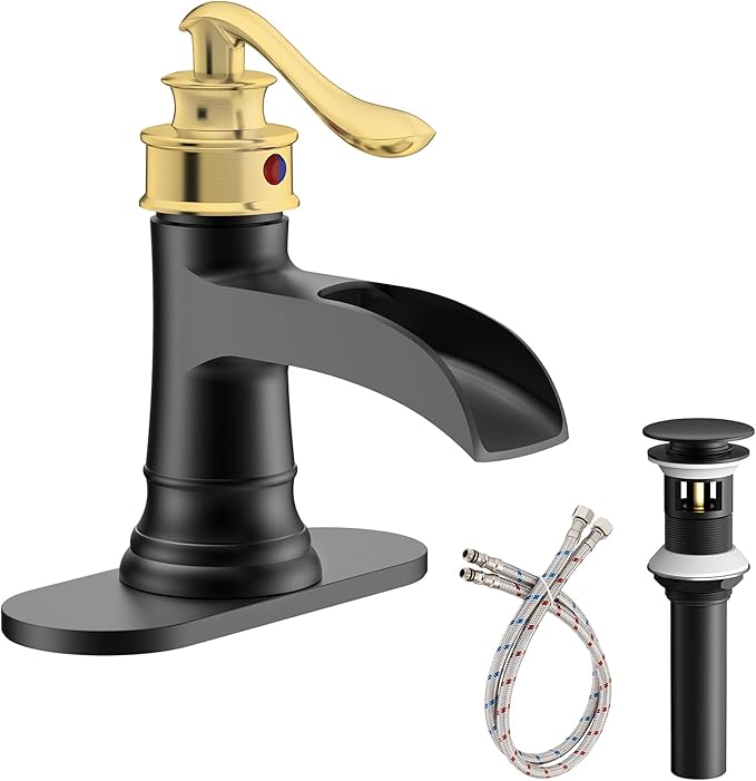 Homevacious Bathroom Faucet Black and Gold Waterfall Bathroom Sink Faucets with Single Handle Rustic Vanity Farmhouse RV Faucet Suitable for 1 or 3 Holes with Pop-up Drain Deck Plate Hose