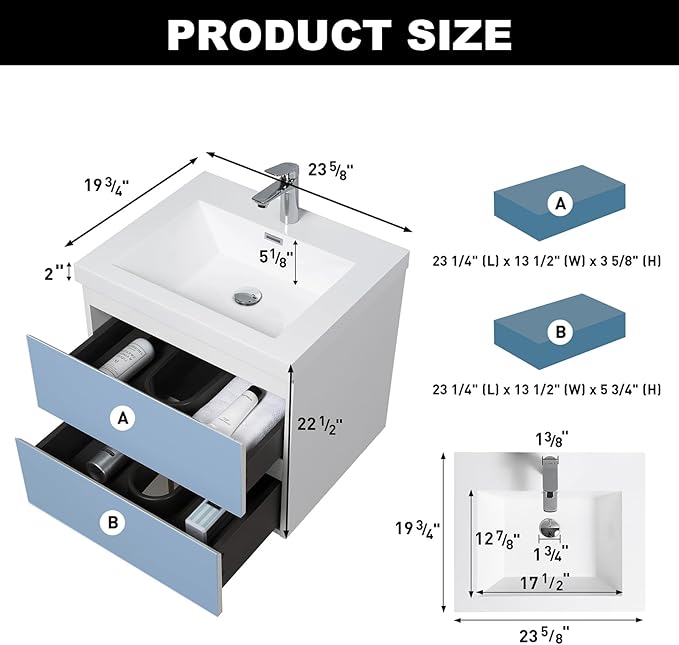 Wall Mounted 24 Inch Bathroom Vanity with Sink, Floating Vanity Bathroom, Single Sink Bathroom Vanity, 2 Drawers, Resin Integrated Sink (Glossy White)
