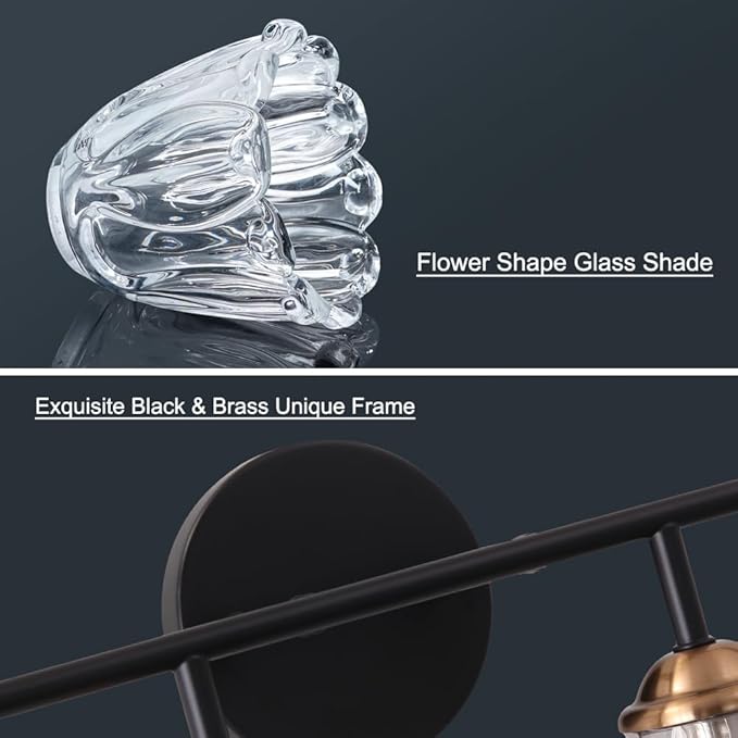 4-Light Vintage Vanity Light, Black and Gold Bathroom Vanity Light Fixtures Over Mirror, Elegant Bathroom Light Fixtures with Clear Glass Shade, Wall Sconce Lighting for Bedroom, Living Room