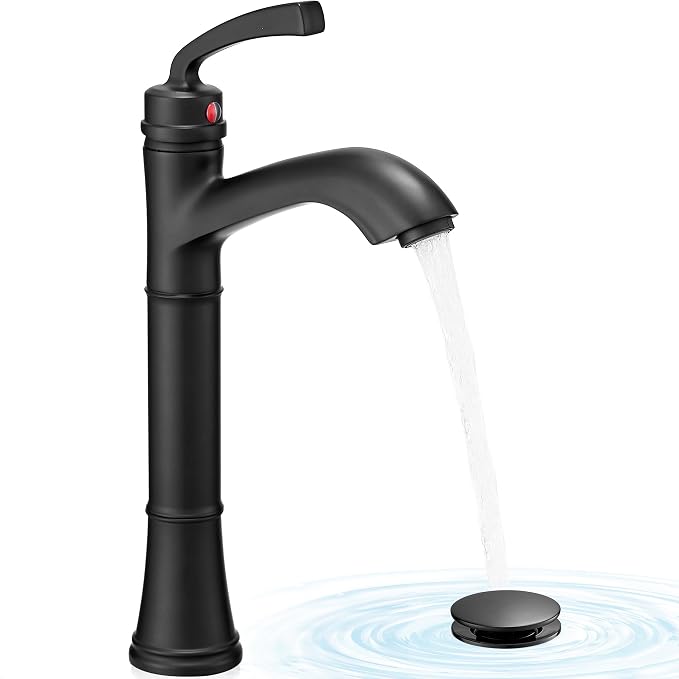 Brass Vessel Sink Faucet Black Single Handle, Tall Bathroom Faucets for Vessel Sinks 1 Hole with Pop-Up Drain, Pre-Installed Hoses, Removable Aerator