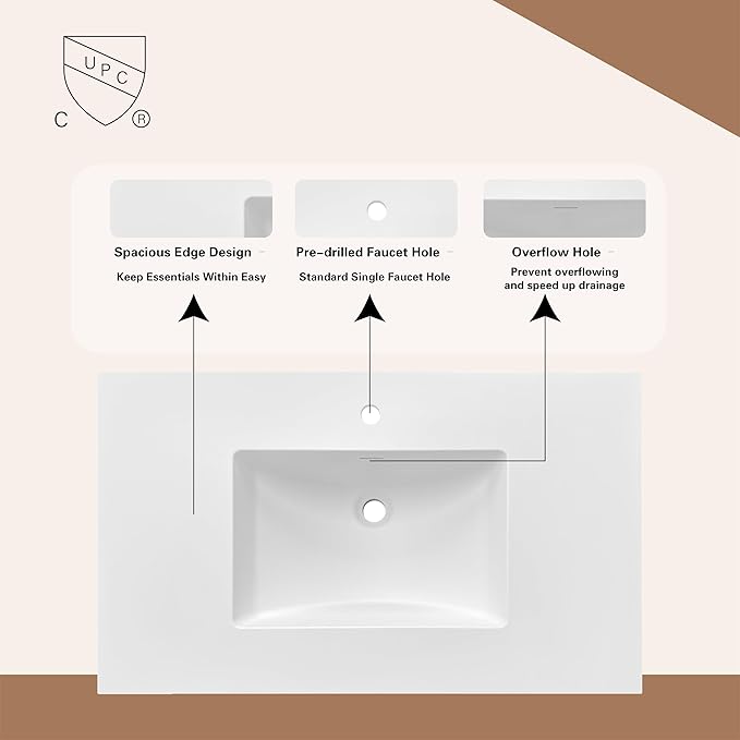 31" W x 22" D Solid Surface Polyurethane Resin Streamline Vanity Top with Sink, Durable, Consistent Color, Easy-to-Clean, Built-in Overflow (Solid Surface Resin Vanity Top)