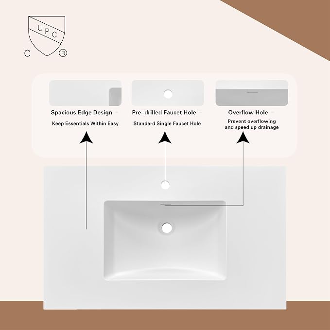 37" Bathroom Vanity Top with Integrated Sink – Solid Surface Resin Streamline Countertop, Single Faucet Hole, Built-in Overflow, Easy-to-Clean Matte White Finish, 37" W x 22" D