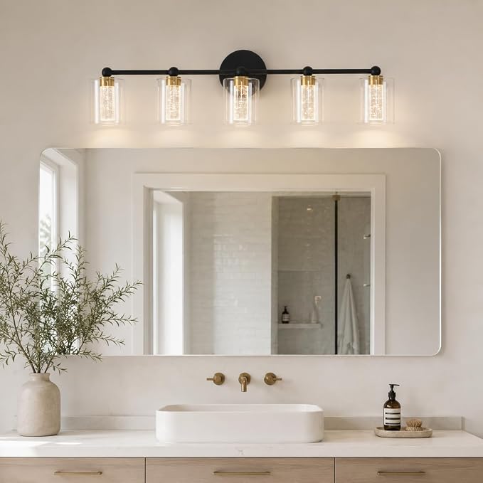 Black and Gold Vanity Light with 3 Color Modes, Eye Protection LED Bathroom Light Fixtures, Dimmable Modern Wall Light Over Mirror with Clear Glass Shade (Black & Gold, 5-Light)