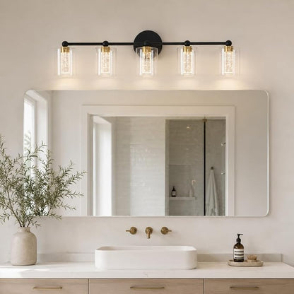 Black and Gold Vanity Light with 3 Color Modes, Eye Protection LED Bathroom Light Fixtures, Dimmable Modern Wall Light Over Mirror with Clear Glass Shade (Black & Gold, 5-Light)