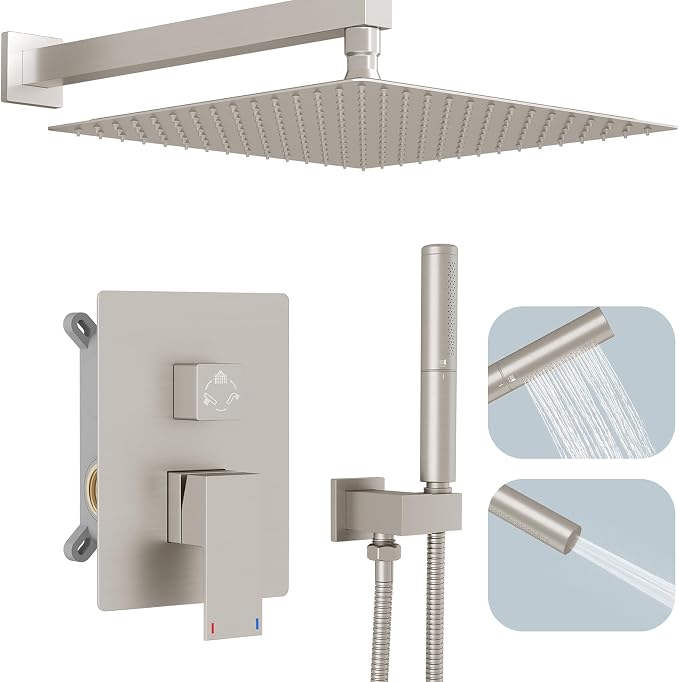 Hoimpro 12'' Shower Head Shower Faucet Set Handheld Sprayer Brushed Nickel | Stainless Steel Rain Shower Head, Rainfall Shower System Fixture Combo, Square, High Pressure Vlave Trim Kit, Wall Mounted
