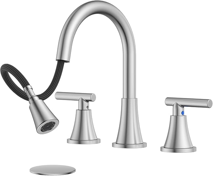8 Inch Pull Out Sprayer Bathroom Faucet 3 Hole, Widespread 2 Handle Sink Faucet with Pop Up Drain and Supply Lines, Stainless Steel for Vanity, RV, Brushed Nickel