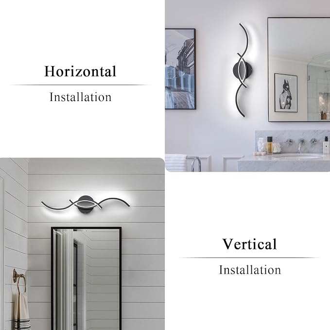 EDISLIVE Modern Wave LED Vanity Light Dimmable Modern Led Vanity Light Fixtures Linear Wall Sconce with Acrylic Strip Shade，24 in LED Vanity Lights for Bathroom Bedroom Makeup Living Room, Black