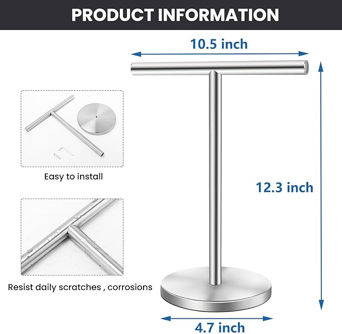 T-Shape Bath Hand Towel Holder Stand, Stainless Steel Free Standing Hand Towel Rack, for Bathroom Kitchen & Countertop, Silver