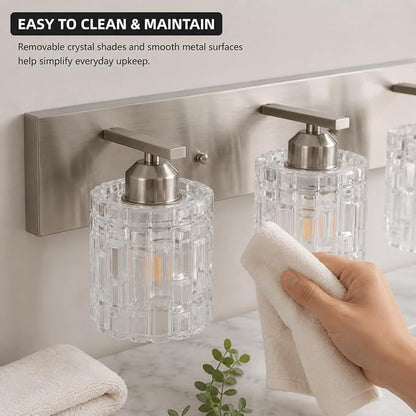 3-Light Crystal Bathroom Vanity Light Over Mirror, Nickel Modern Wall Light Fixture for Bathroom, Living Room, Bedroom, Hallway