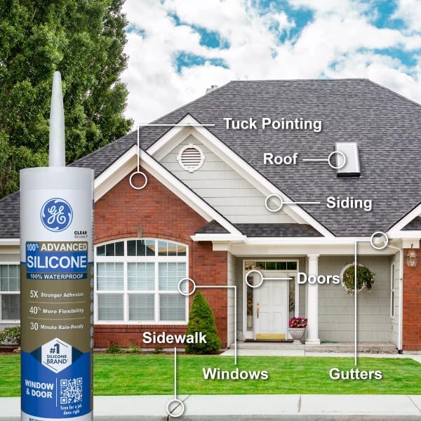 GE Advanced Silicone Caulk for Window & Door, Clear, 10 fl oz Cartridge, 1 Pack - 100% Waterproof Silicone Sealant, 5X Stronger Adhesion, Shrink & Crack Proof