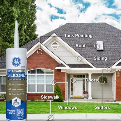 GE Advanced Silicone Caulk for Window & Door, White, 10 fl oz Cartridge, 12 Pack - 100% Waterproof Silicone Sealant, 5X Stronger Adhesion, Shrink & Crack Resistant