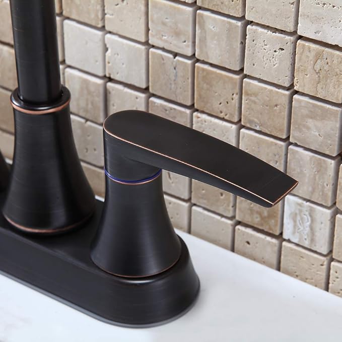 Lead-Free 2-Handle Oil Rubbed Bronze Bathroom Sink Faucet, 360° Swivel High-Arc Spout 4 Inch Centerset Bath Lavatory Vanity Faucets Set for Bathroom Sinks with Drain & Water Hoses, VABM80008H