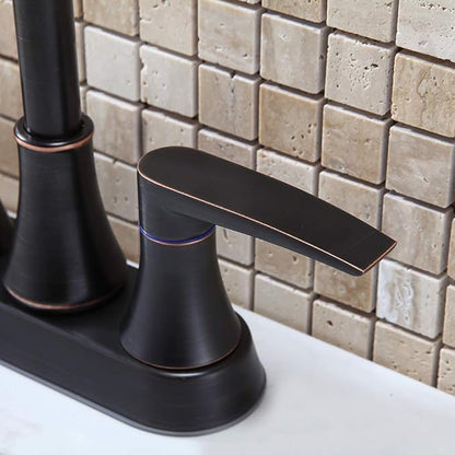 Lead-Free 2-Handle Oil Rubbed Bronze Bathroom Sink Faucet, 360° Swivel High-Arc Spout 4 Inch Centerset Bath Lavatory Vanity Faucets Set for Bathroom Sinks with Drain & Water Hoses, VABM80008H