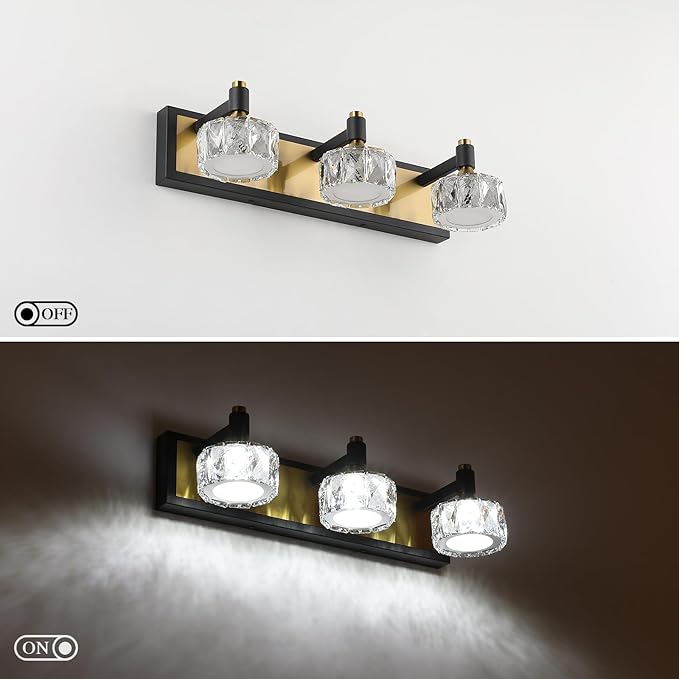 Modern Black Gold Bathroom Vanity Light Fixture 3-Light Dimmable LED Crystal Vanity Light for Over Mirror, Stylish Bath Wall Lights in Black and Gold Finish