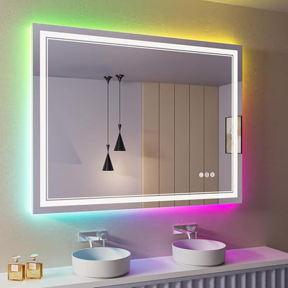 44x30 Inch RGB LED Bathroom Mirror with Lights | Front and RGB Backlit, Dimmable, Memory, Anti Fog, Shatterproof, Horizontal/Vertical, Lighted Mirrors for Bathroom Wall