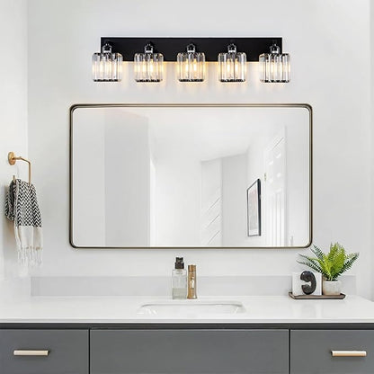 Black Crystal Bathroom Lighting Fixtures, 5 Light Modern Crystal Bathroom Vanity Lights Over Mirror, Wall Light Bathroom Light Fixtures
