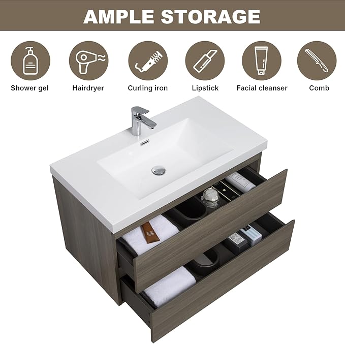Floating Vanity Bathroom, 36 Inch Bathroom Vanity with Sink, Wall Mounted Single Sink Bathroom Vanity, Soft Closed 2 Drawers, Integrated Sink (Ash Grey)