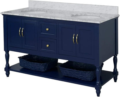 Beverly 60-inch Double Bathroom Vanity (Carrara/Royal Blue): Includes Royal Blue Cabinet with Authentic Italian Carrara Marble Countertop and White Ceramic Sinks