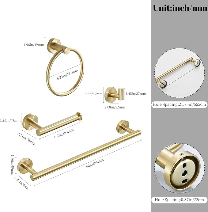 Gold Bathroom Hardware, Bathroom Accessories Set Includes Toilet Paper Holder 24 Inch Towel Bar Towel Ring Robe Hook 4 Pieces Wall Mount