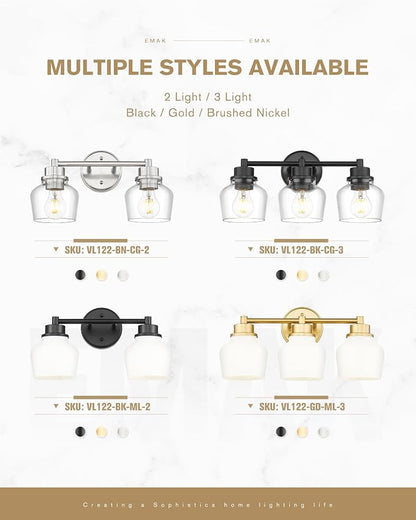 Emak Bathroom Light Fixtures Over Mirror, Brushed Nickel Vanity Light with Clear Glass Shade, 3-Light Vanity Lights for Bathroom, Mirror, Makeup Desk, VL122-BN-CG-3