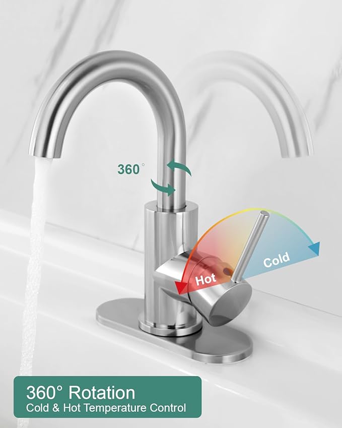RKF Single-Handle Swivel Spout Bathroom Sink Faucet with Pop-up Drain with Overflow and Supply Hose,Bar Sink Faucet,Small Kitchen Faucet Tap,Brushed Nickel,BF3501P-BN