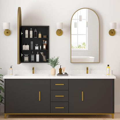 Medicine Cabinets for Bathroom, Brush Gold Arched Medicine Cabinet Recessed or Surface Wall-Mounted,Modern Bathroom Vanity Mirror with Storage, Mirrored Cabinet with Adjustable Shelves,16x31 Inch