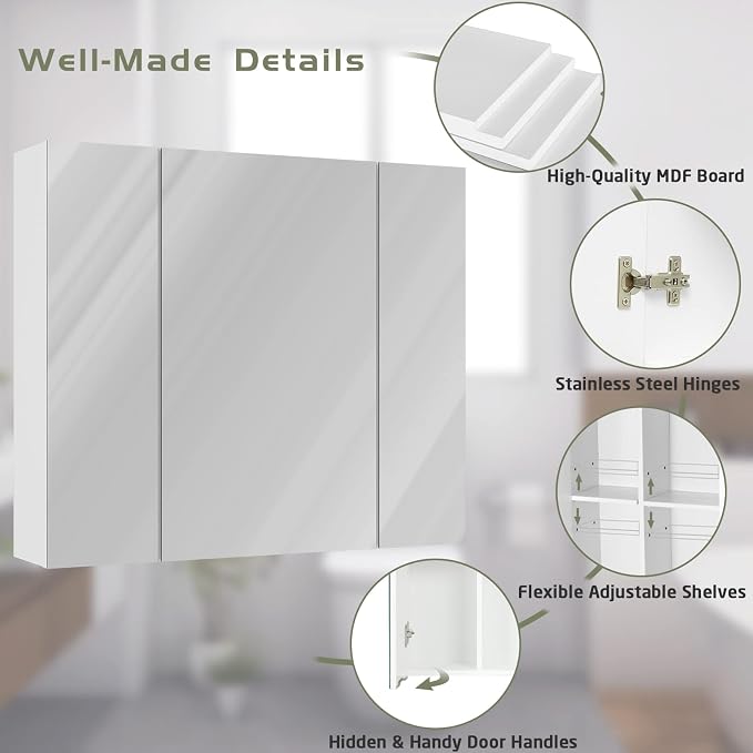 DICTAC Medicine Cabinet with Mirror & Storage - 27.6x23.6in Wall Mounted Cabinet with 3 Doors & Adjustable Shelves for Bathroom, Living Room, Kitchen - White