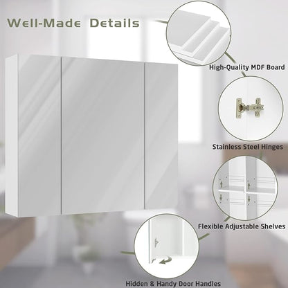 DICTAC Medicine Cabinet with Mirror & Storage - 27.6x23.6in Wall Mounted Cabinet with 3 Doors & Adjustable Shelves for Bathroom, Living Room, Kitchen - White