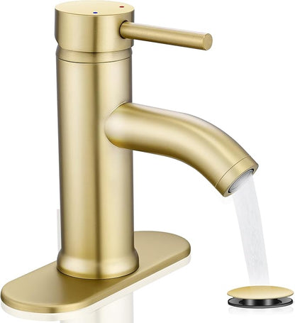 Brushed Gold Bathroom Faucets Single Hole Bathroom Sink Faucet | Modern Single Handle Bathroom Faucte 1 or 3 Hole, RV Sink Vanity Faucet (with Drain, Brushed Gold)