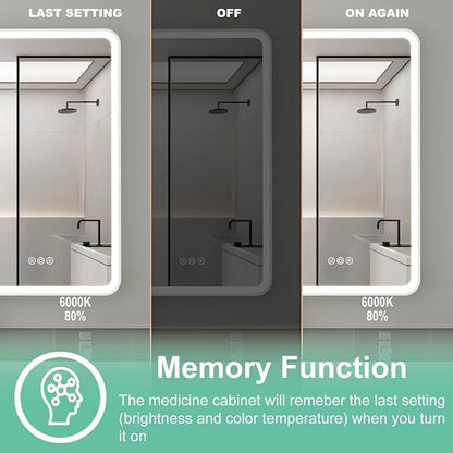 32x30 Inch Medicine Cabinet with Mirror, Recessed or Surface Mount Bathroom Medicine Cabinet with LED Lights, Anti-Fog, Memory Function, Adjustable Shelf, Dimmable Light, ETL Listed, White