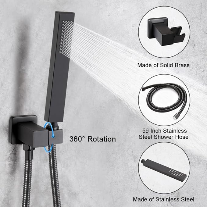 Matte Black Shower Faucet Set with Tub Spout Bathroom Rainfall 8 Inch Shower Head System with Handheld Single Handle Shower Trim Kit with Valve