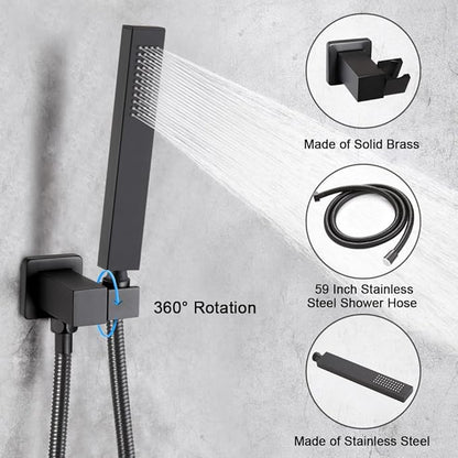 Matte Black Shower Faucet Set with Tub Spout Bathroom Rainfall 8 Inch Shower Head System with Handheld Single Handle Shower Trim Kit with Valve