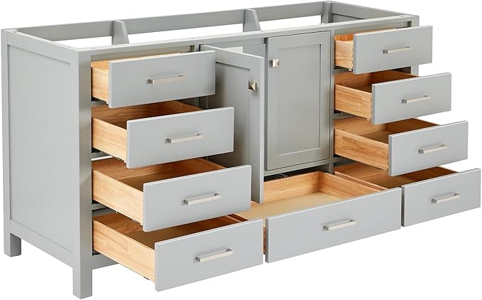 ARIEL Cambridge 66-inch Bathroom Vanity Base Cabinet,Solid Wood, 2 Soft Closing Doors, 9 Dovetail Drawers, Grey