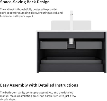 Yayzy 24" Floating Bathroom Vanity with Sink, Solid Wood Fluted Cabinet, White Marble-Patterned Ceramic Basin & Faux Marble Top, Soft-Close Drawer, Pre-Assembled, Gloss Black