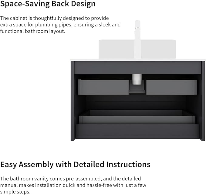 Yayzy 36" Floating Bathroom Vanity with Sink, Solid Wood Fluted Cabinet, White Marble-Patterned Ceramic Basin & Faux Marble Top, Soft-Close Drawer, Pre-Assembled, Gloss Black