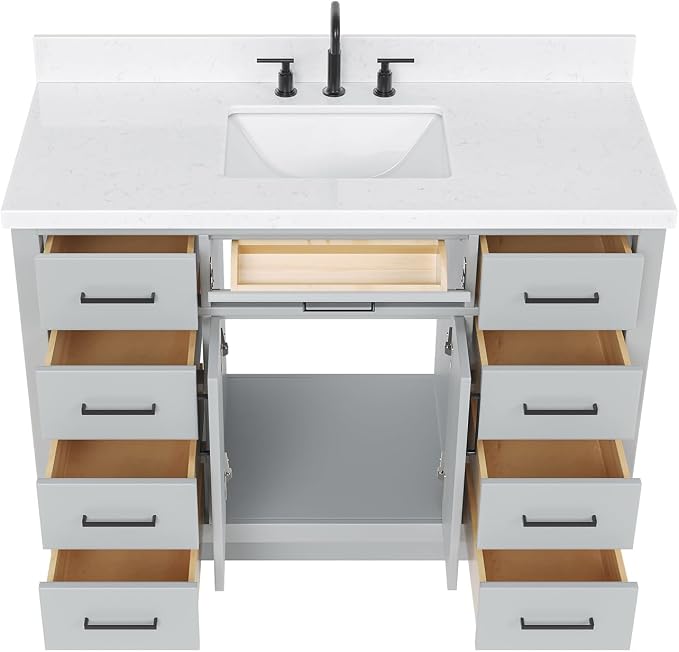 DKB Isabella 48-Inch Bathroom Vanity with Sink — Grey Single Sink Bathroom Vanity, 1.5" Edge Carrara Quartz Countertop, Solid Wood, 2 Soft-Close Doors, 8 Dovetail Drawers + Tilt Drawer