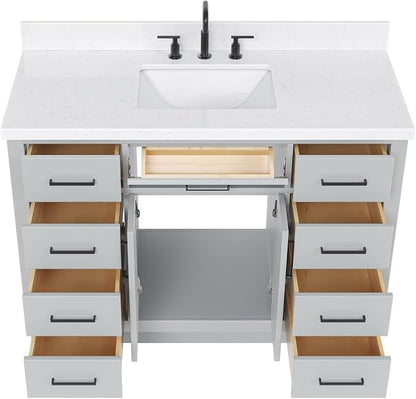 DKB Isabella 48-Inch Bathroom Vanity with Sink — Grey Single Sink Bathroom Vanity, 1.5" Edge Carrara Quartz Countertop, Solid Wood, 2 Soft-Close Doors, 8 Dovetail Drawers + Tilt Drawer