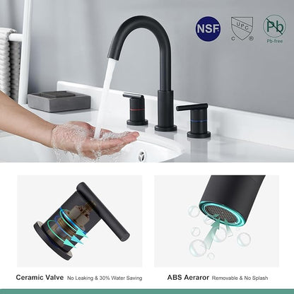 Faustina Black Bathroom Faucets,8 Inch Widespread Bathroom Faucet for Sink 3 Hole,Bathroom Faucet with Pop Up Drain,cUPC Water Supply Line,2-Handles Stainless Steel Vessel Sink Faucet Basin Mixer Tap