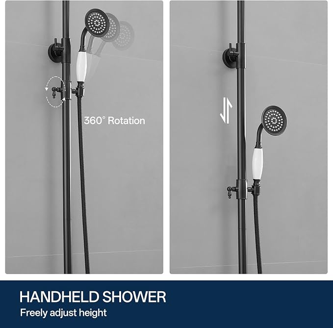Homevacious Matte Black Outdoor Shower Kit Exposed Shower | 8 Inch High Pressure Rain Shower Head with Hand Spray Bathroom Shower Faucet System Double Knobs Cross Handle 3-function