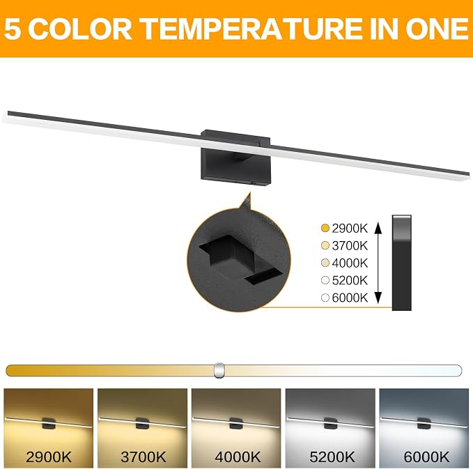 48in Black Bathroom Vanity Light Over Mirror Modern Bath Lighting Fixtures Over Mirror 32W LED Bathroom Lights Bar 5CCT Dimmable
