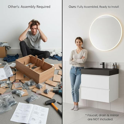 24" Floating Bathroom Vanity with Black Sink, Modern Bathroom Cabinet with Top and Soft Close Drawers, Spacious Storage for Small Space, White - Lavanda Collection