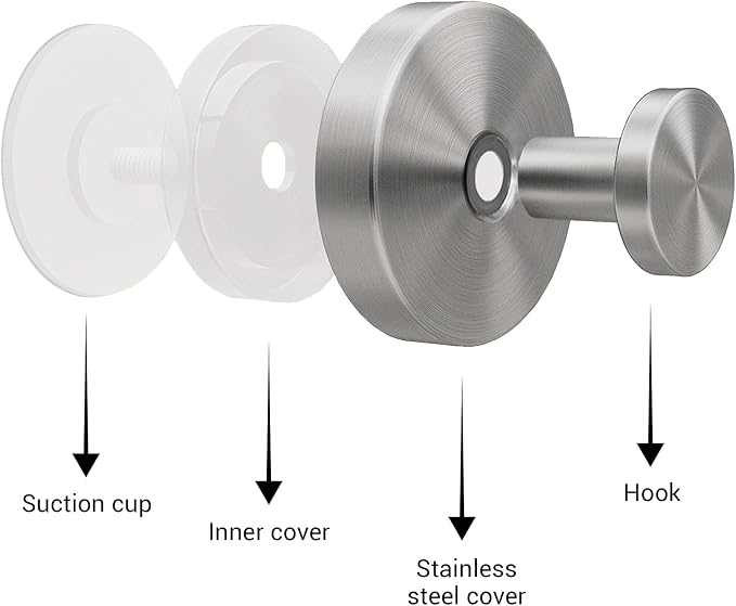 Suction Cup Hooks for Shower - 4 Pack, Matte Chrome - Stainless Steel, Strong Suction, No Drill, Removable Hanger, Tile Bathroom Kitchen Wall, Glass Door, Mirror Hook Hanging Robe, Towel Holder