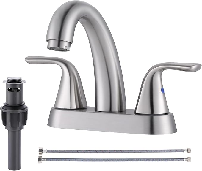 Brushed Nickel Centerset Bathroom Faucet: ALEASHA 4 Inch Centerset Bathroom Faucet, 2-Handle Vanity Sink Faucet with Pop Up Drain Stopper, RV Lavatory Faucets for Washroom Sink