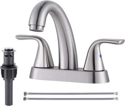 Brushed Nickel Centerset Bathroom Faucet: ALEASHA 4 Inch Centerset Bathroom Faucet, 2-Handle Vanity Sink Faucet with Pop Up Drain Stopper, RV Lavatory Faucets for Washroom Sink